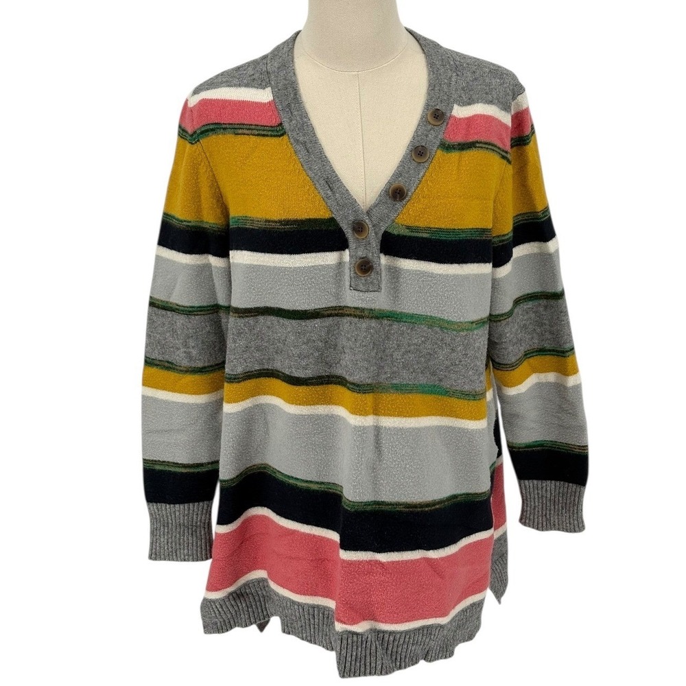 Anthropologie Striped Button Front V Neck Sweater Size L